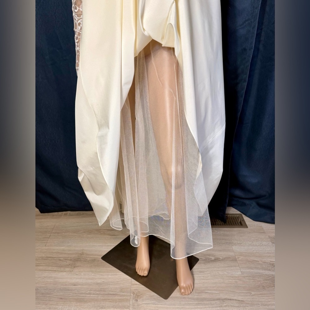 Dessy Creations Vintage Ivory Lace Tea-Length Wedding Dress Ruched Waist - Picture 10 of 16